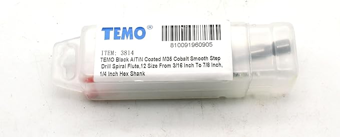 TEMO Black AITiN Coated M35 Cobalt Smooth Step Drill Spiral Flute, 12 Size from 3/16 Inch to 7/8 Inch, 1/4 Inch Hex Shank
