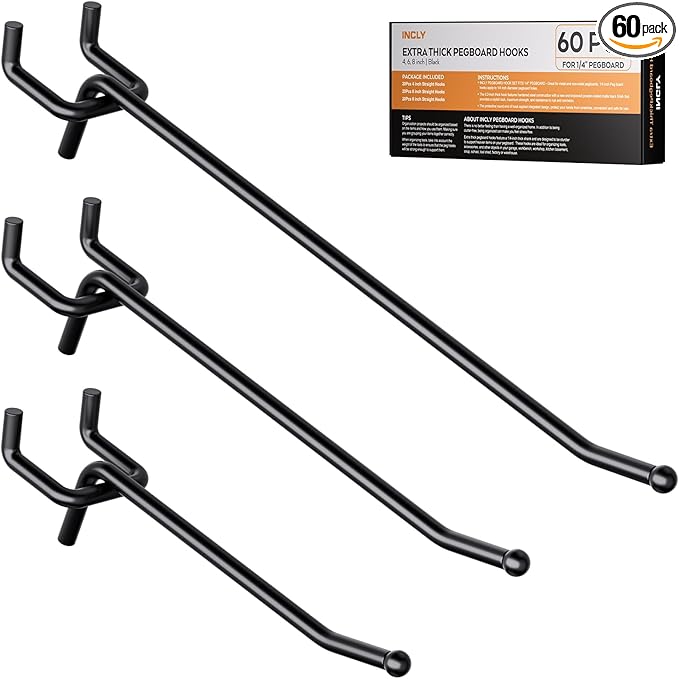 INCLY 60 Pack 4/6/8 Inch Black Pegboard Hooks, 1/4" Heavy Duty Peg Board Shelving Hooks Accessories, Peg Board Tool Hangers Fit 1/4" Pegboard for Organizing Garage, Craft Room, Kitchen, Store