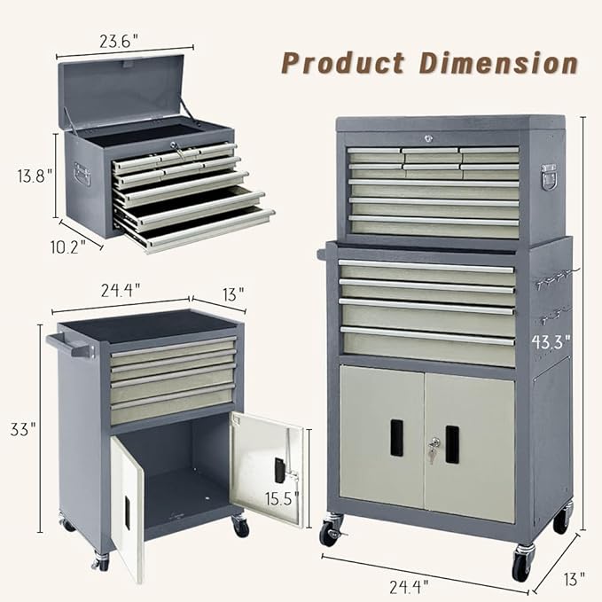 13-Drawer Double Doors Handle Rolling Tool Chest, 2 in 1 Detachable Rolling Tool Chests, Large Tool Boxes with lock, Metal Standing Tool Cabinet for Garage Workshop(Gray)