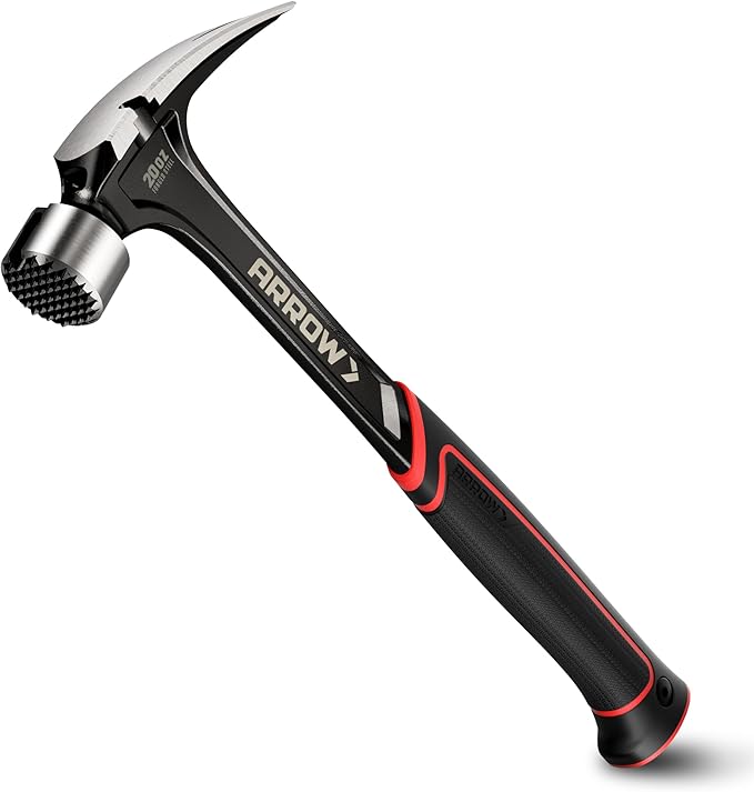 ARROW 20 oz Straight Claw Hammer with Magnetic Nail Holder, Side Nail Puller, Rip Claw Hammer with Milled Face & Shock Absorbing Grip, Heavy Duty One-piece Forged Hammer