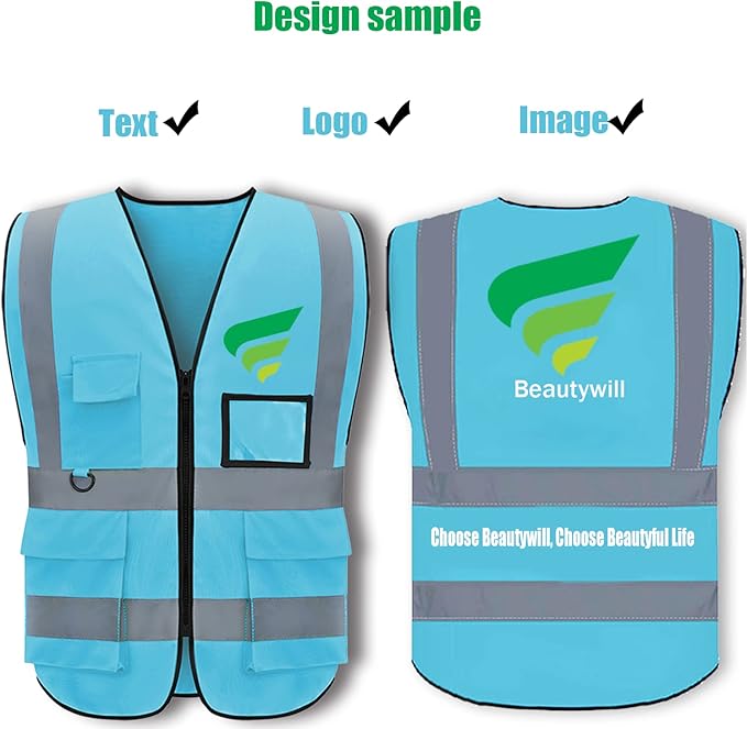 BeautyWill Custom Safety Vest Customized Logo Class 2 High Visibility Reflective Vest with Pockets Construction workwear