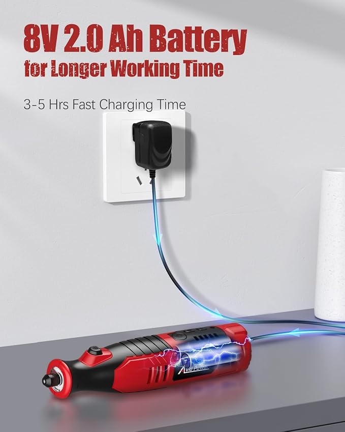 AVID POWER Cordless Rotary Tool 2.0 Ah 8V Rechargeable Rotary Tool, 4 Front LED Lights, 5 Speeds, 60 Pcs Rotary Accessories with Bag for Carving, Engraving, Sanding, Polishing and Cutting - Red