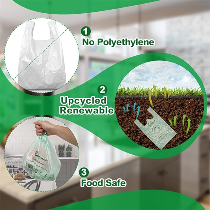 (Large) OrangeBio Certified Home Compostable Shopping Bags, 200ct, 12"x 6" x 20" (Extra Thick), Hold 20 lbs, Thank You/Grocery/Take Out/T Shirt/To-Go Bags for Retail, Grocery Store