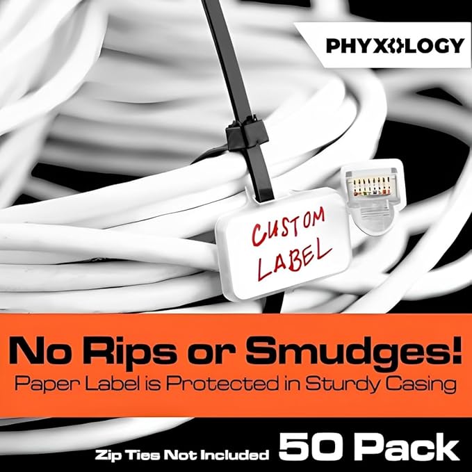 Heavy Duty Zip Tie Labels for Cables and Cords, 50Pk. Durable, Protective Box Attaches to Zip Ties for Cord and Cable Organization. Best Reusable Wire Management Ties. Includes Easy Write Inserts