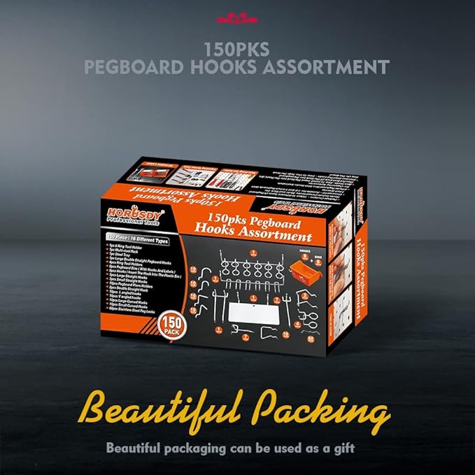 HORUSDY 150-Piece Pegboard Hooks Assortment, Pegboard Accessories with Pegboard Bins for Organizing Various Tools