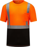 High Visibility Shirts Quick Dry Safety T Shirts with Reflective Strips and Pocket Short Sleeve Mesh Hi Vis Construction Work Class 2 Shirt for Men/Women Black Bottom Orange,Small