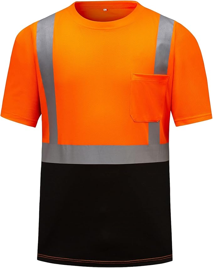 High Visibility Shirts Quick Dry Safety T Shirts with Reflective Strips and Pocket Short Sleeve Mesh Hi Vis Construction Work Class 2 Shirt for Men/Women Black Bottom Orange,XL