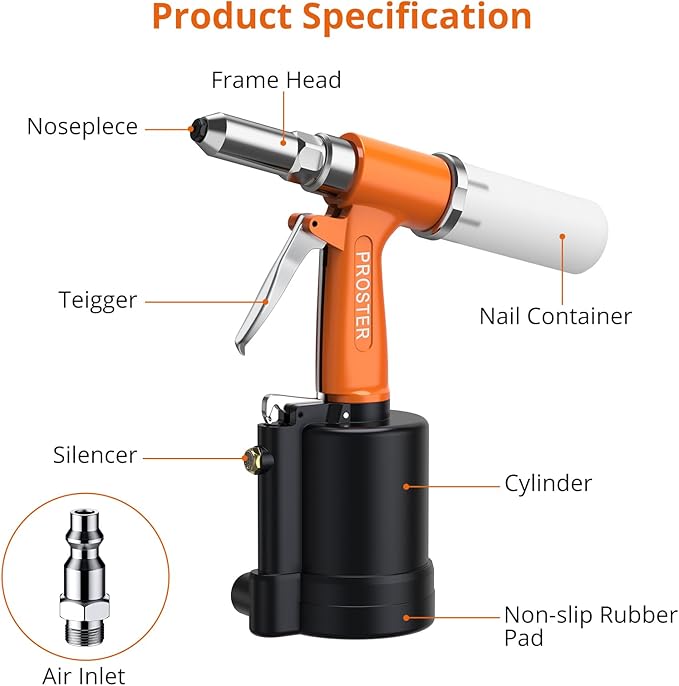 Proster Pneumatic Tool Air Riveter - 3097lbf Pulling Pneumatic Rivet Gun, 6-8KG/C2 Heavy-Duty Air Pop Riveter for 3/32", 1/8", 5/32", 3/16" Capacity