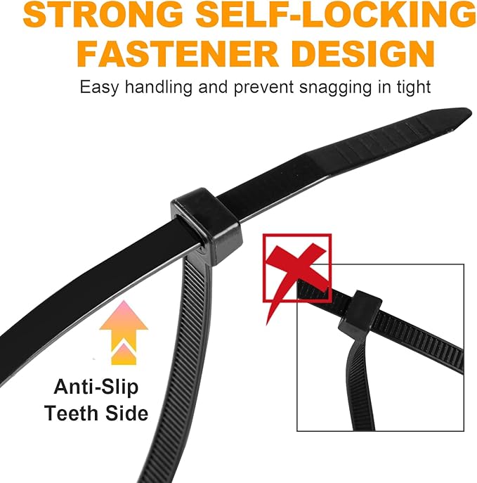 1200pcs Black Cable Zip Ties 12 Inch, Heavy Duty Plastic Nylon Tie Wraps with 50lb Tensile Strength for Indoor & Outdoor