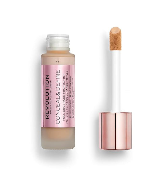 Revolution Beauty, Conceal & Define Foundation, Full Coverage, Long-Lasting Matte Finish, Vegan & Cruelty Free, F8 Light to Medium Skin Tones, 0.8 Fl.Oz.-VeraVaultWomen