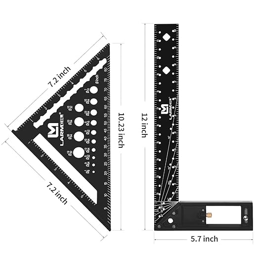 Rafter Square 7 Inch and Framing Square 12 Inch Carpenter Square Set, Aluminum Woodworking Square Tool Ruler for Woodworking, Black