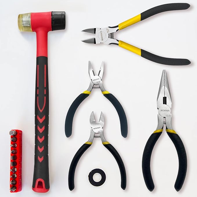 BOOSDEN 5-Piece Pliers Set Including 25mm Rubber mallet, 5" Wire Cutters, 5" Needle Nose Pliers, 5" Diagonal Cutters, 5" Linemans Pliers for DIY & Home Use