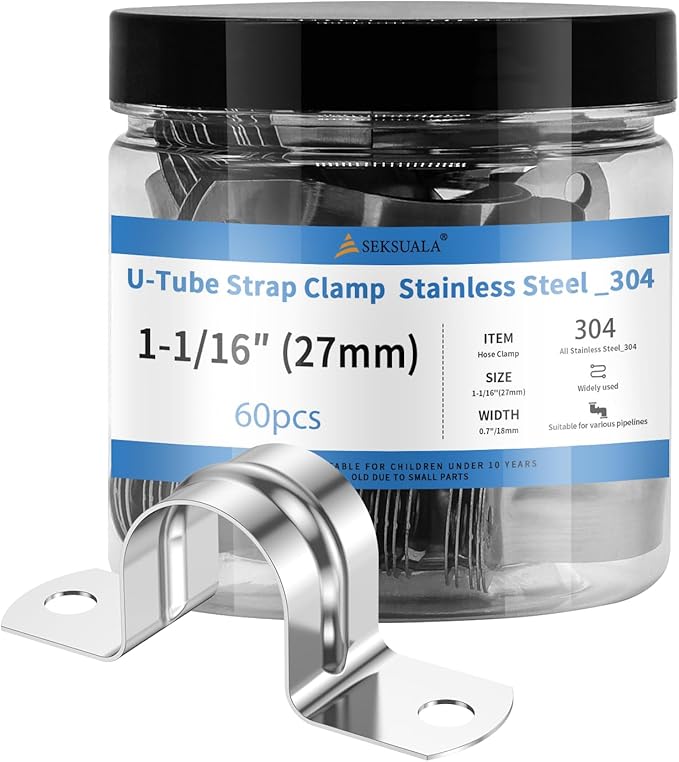 60Pcs 1 1/16 Inch (27mm) 304 Stainless Steel Conduit Clamps, U-Tube Strap Pipe Clamp Two Hole Strap U Bracket Rigid Pipe Strap Clamps Metal Conduit Strap Tension Clips U-tube Clamp Heavy Duty