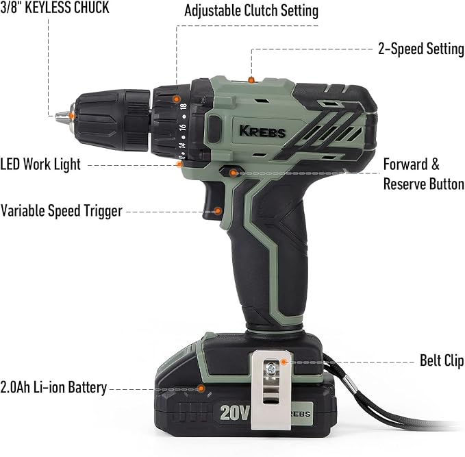KREBS 20V Cordless Drill Set, Power Drill Kit with 1 Batteries & Fast Charger, 3/8-Inch Keyless Chuck 2 Variable Speed 18+1 Torque Setting and 28pcs Drill Bits