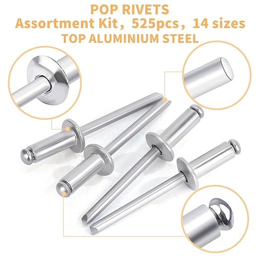525 Pcs pop Rivets, Pop Rivets Assortment Kit, Aluminum Rivets kit, Pop Rivet Set Including (3/32" 1/8" 5/32" 3/16" 1/4"), Assorted Blind Rivets for Metal Dome Head Rivet kit