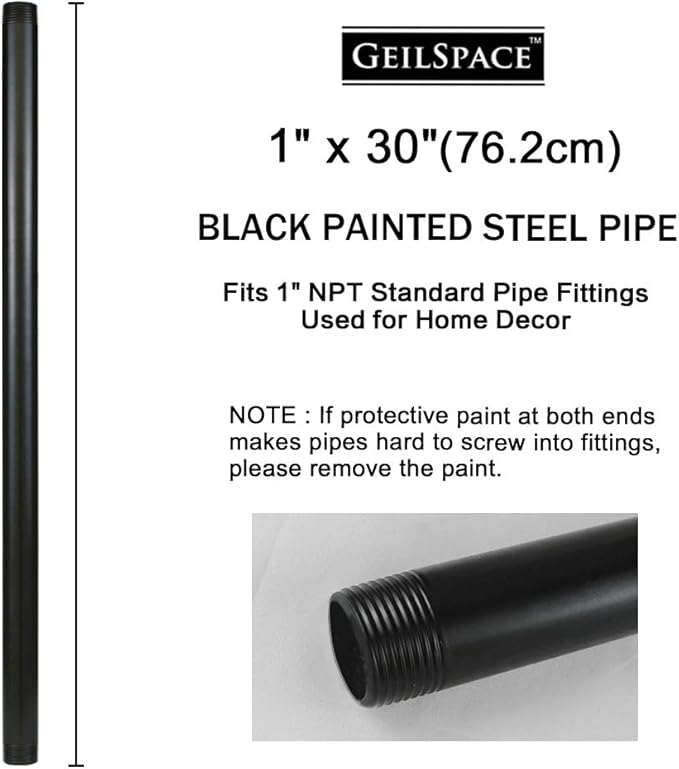 GeilSpace 1" × 30" Pre-Cut Black Metal Pipe, Industrial Steel Fits Standard One Inch Black Threaded Pipes and Fittings - Vintage DIY Industrial Shelving (1" × 30")