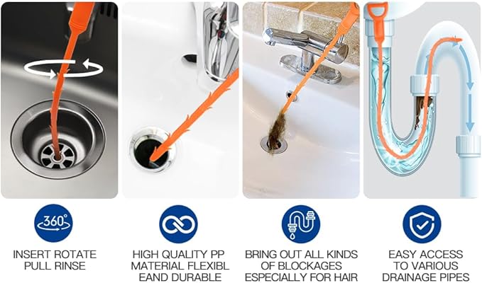 63 Inch Long Stainless Steel Drain Clog Remover (1pcs), 25 inch Drain Snake Hair Remover (6pcs) ＆23.6 inch Cleaning Brush (2pcs) Tool Set for Toilet, Kitchen Sink, Bathroom Tub, Sewer, 9, Pieces Set
