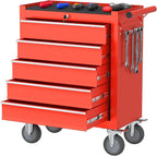 5 Drawers Rolling Tool Chest, Large Capacity Metal Tool Box with Wheels and Drawers, Tool Storage Cabinet with Keyed Locking, Tool Organizer Box for Garage, Workshop, Warehouse (Red)