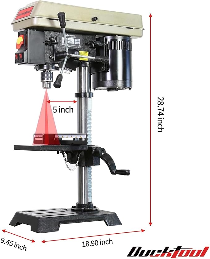 BUCKTOOL 10-Inch Drill Press 6.0 Amp 3/4 HP Bench Drill Press 5-Speed Benchtop Drilling Machine with LED Work Light