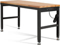 Haddockway Adjustable Workbench for Garage, 60" x 22" Rubber Wood Top Worktable with Power Outlets, Max 2000 Lbs Load Capacity Heavy Duty Workstation for Workshop Office Home (Black Frame, 60in)