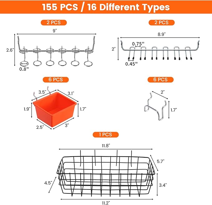 Pegboard Organizer Accessories Kit 155 PCS, Peg Board Hooks Assortment with Bins, Baskets for 1/4 inch Pegboard Wall Organizer, Garage Organization, Workbench, Craft Room, Hanging Tools