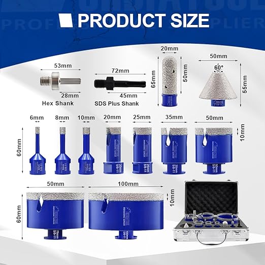 SHDIATOOL Diamond Tile Drill Bits Kit 13pcs, Porcelain Hole Saw Sets, Core Bits Cutter for Drilling Ceramic Marble Granite (6/8/10/20/25/35/50/75/100/20MM/2/SDS/HEX)