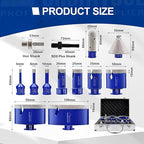 SHDIATOOL Diamond Tile Drill Bits Kit 13pcs, Porcelain Hole Saw Sets, Core Bits Cutter for Drilling Ceramic Marble Granite (6/8/10/20/25/35/50/75/100/20MM/2/SDS/HEX)