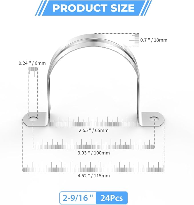 24Pcs 2 9/16 Inch (65mm) 304 Stainless Steel Conduit Clamps, U-Tube Strap Pipe Clamp 2 Hole Strap U Bracket Rigid Pipe Metal Conduit Strap Tension Clips U-tube Clamp