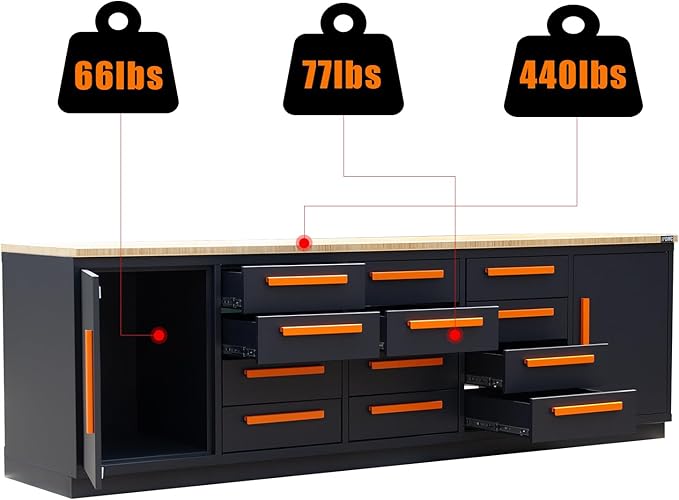 Heavy Duty Garage Cabinet Workbench Table w/Solid Wood Top, Workstation Garage Workbench with Storage for Garage, Warehouse, Office, Workshop, 112.2" W x 26.4" D x 36.2" H