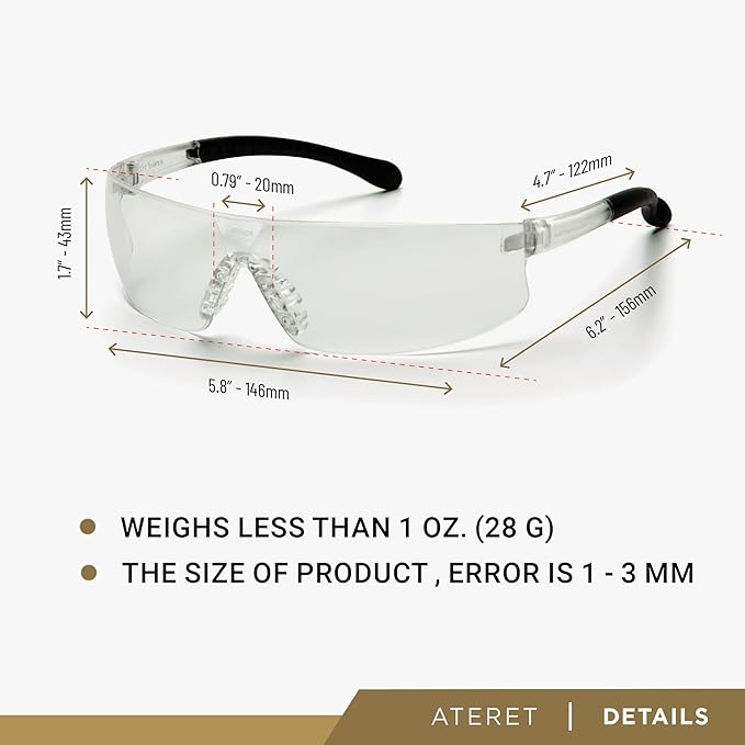 ATERET Protective Polycarbonate Safety Glasses w/TPR Coated Temples & Anti-Slip Nose Piece For Eyes Safety Protection