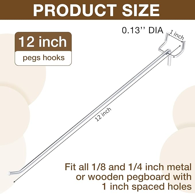 Funrous 100 Pack Peg Board Hooks Stainless Steel Pegboard Hooks Shelving Display Hanging Peg Board Holders for 1/8 and 1/4 Garage Storage Tools Organizer(12 inch)