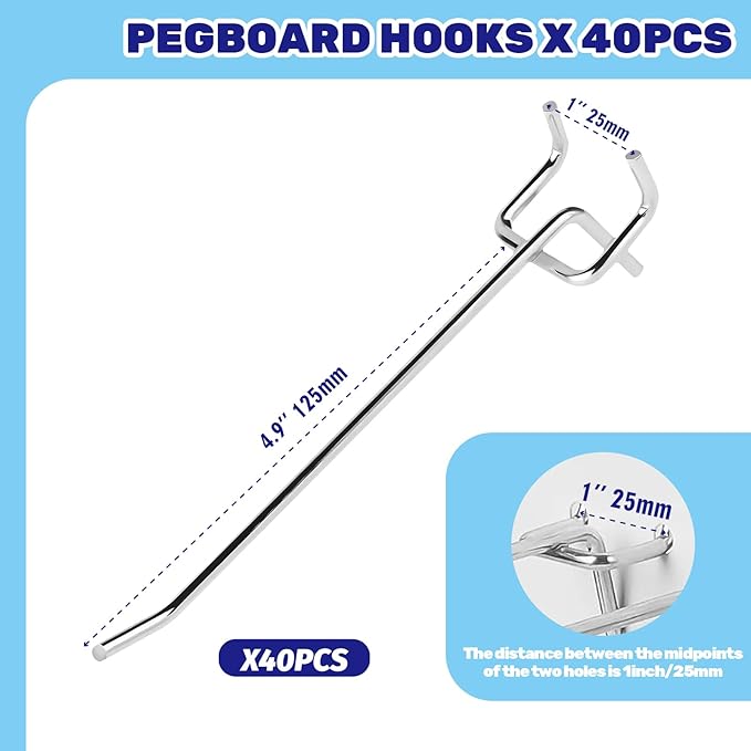 40Pcs 6" /150mm Stainless Steel Pegboard Display Hooks Bulk Set, Silver Garage Organization Peg Wall Hook Metal Slatwall Panel Hook Fit 1/8 and 1/4 Inch Pegboard for Retail