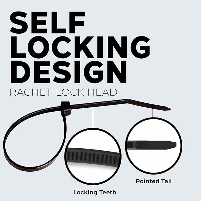 BEST CONNECTIONS Black Cable Zip Ties 300 Pack Assorted Sizes 4+7+11 Inch (100 Pack Each) – Multi-Purpose Self-Locking Nylon Wire Ties with 50 Lbs Tensile Strength – Cable Management