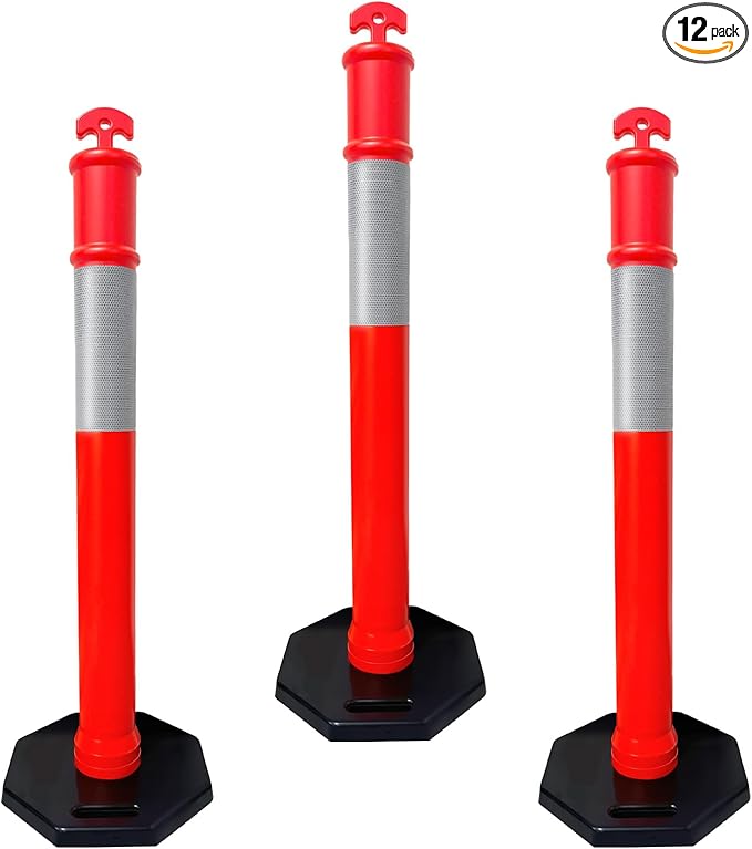 (12 Pack) CJ Safety 44" Tall Delineator Post Barrier Cones Black Heavy Duty Rubber Base, Reflective Band for Driveway, Parking Cones, Construction Safety Cones (Set of 12 Orange Traffic cones)