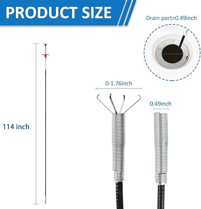 Drain Snake Hair Drain Clog Remover Tool - 114inch Sink Drain Cleaner for Toilet Sewer Shower Kitchen Bathroom Tub Clogged Drains Opener Cleaning Tool