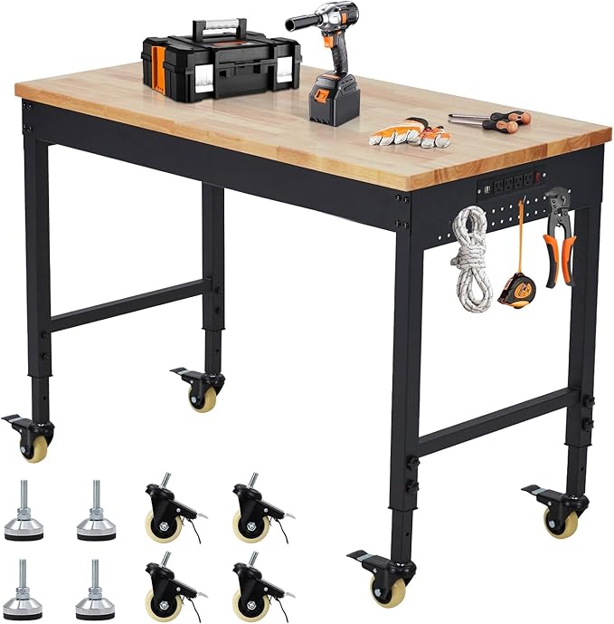60x22 Inch Heavy-Duty Adjustable Workbench with Rubber Wood Top – 2000LB Capacity Mobile Garage Workstation, Locking Wheels, Power Outlets, Ideal for Workshop, DIY & Tool Storage