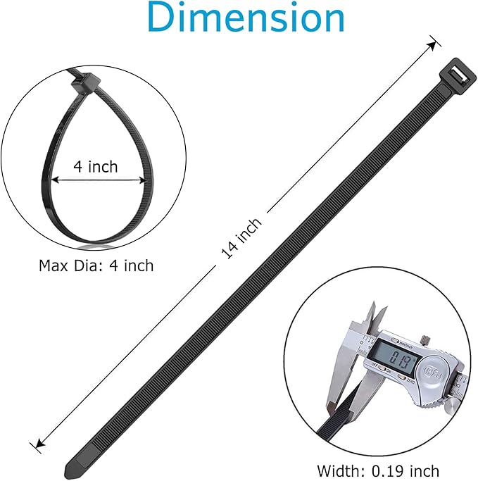 Zip Ties 14 inch (100 Pack), Black, 50lb Tensile Strength, UV Resistant Cable Ties for indoor and outdoor by SKALON