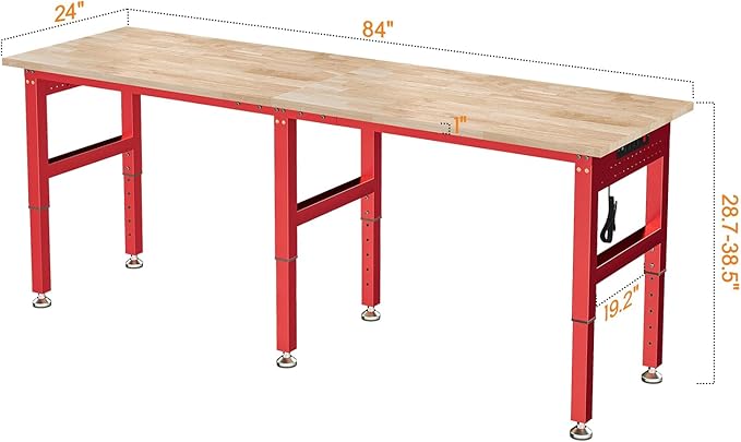 SPECRAFT 84" Red Adjustable Heavy Duty Workbench with 4 AC Outlet and 2 USB Ports Power Outlets, 5000 Lbs Capacity, Rubber Wood Top for Garage, Workshop, Office