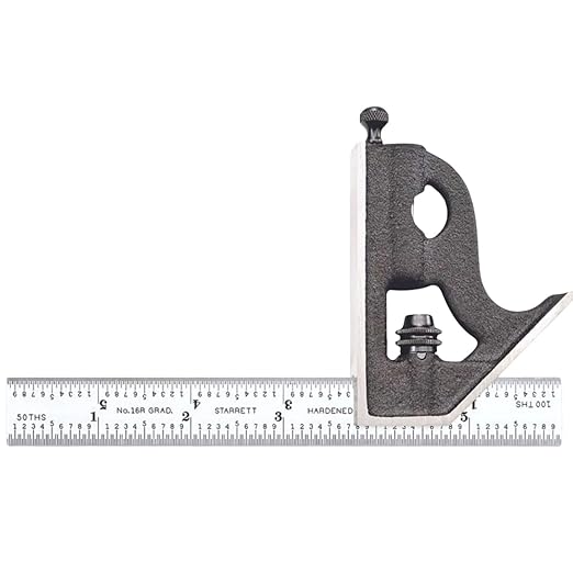 Starrett Steel Combination Square with Square Head - 6" Blade Length, Cast Iron Heads, Hardened Steel, Reversible Lock Bolt, Scriber, Spirit Level, 16R Graduation Type - 11H-6-16R