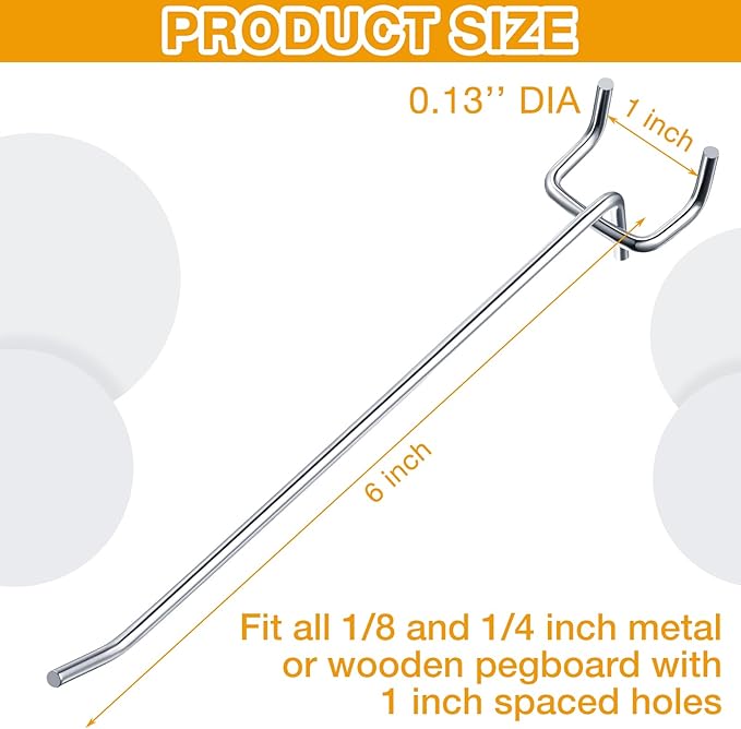 Funrous 100 Pack Peg Board Hooks Stainless Steel Pegboard Hooks Shelving Display Hanging Peg Board Holders for 1/8 and 1/4 Garage Storage Tools Organizer(6 Inch)