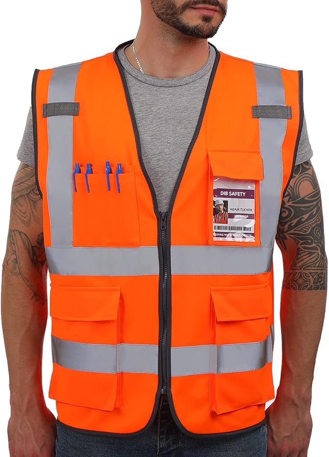 Dib Safety Vest Reflective ANSI Class 2, High Visibility Vest with Pockets and Zipper, Construction Work Vest Hi Vis Orange L
