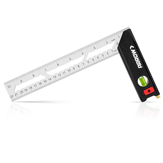 Arrow 10-Inch Try Square, Woodworking Square with Stainless Steel Blade, Aluminum Handle, 1-Inch Scribe Notches and Bubble Level, Layout and Marking Tool for Carpenters