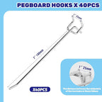 40Pcs 8" /200mm Stainless Steel Pegboard Display Hooks Bulk Set, Silver Garage Organization Peg Wall Hook Metal Slatwall Panel Hook Fit 1/8 and 1/4 Inch Pegboard for Retail