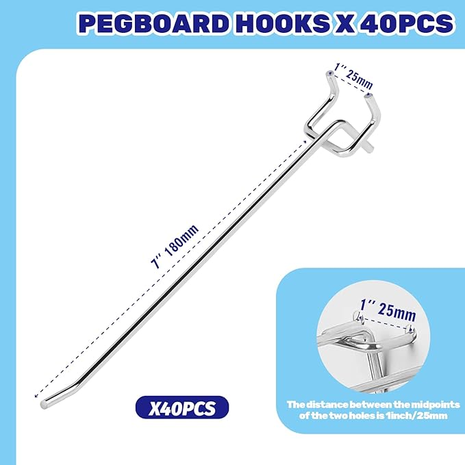 40Pcs 8" /200mm Stainless Steel Pegboard Display Hooks Bulk Set, Silver Garage Organization Peg Wall Hook Metal Slatwall Panel Hook Fit 1/8 and 1/4 Inch Pegboard for Retail