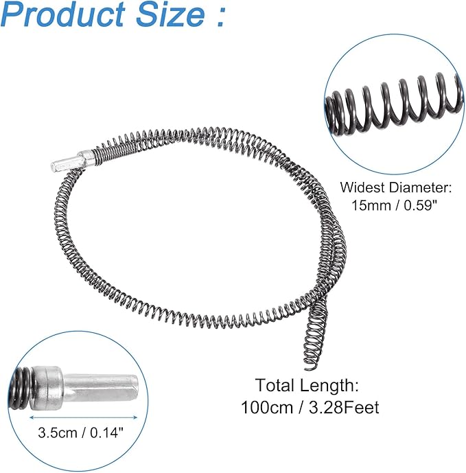 uxcell 3.28Ft Drain Auger Cable, Pipe Cleaning Spring Clog Remover, Flexible Plumbing Snake Pipe Drain Cleaner for Kitchen, Shower Sink