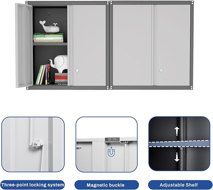 Metal Garage Wall Cabinet, Metal Wall Mounted Storage Cabinets with Lockable Doors and Adjustable Shelves, Floating Tool Cabinet for Garage, Home Office, Kitchen,BlackGrey