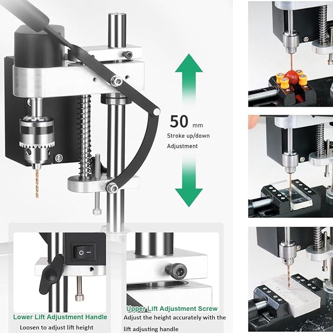 Benchtop Drill Press, Mini Drill Press, Portable Electric Drilling Machine Adjustable 7-Speed, CNC 775 Motor B10 Chuck 0.6-6mm Metal Wooden DIY Jewelry Making Crafts Tool