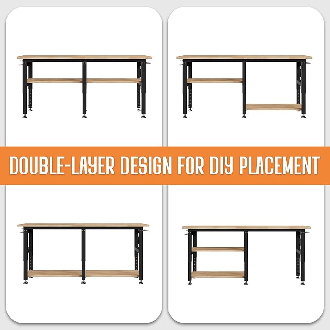 SPECRAFT Adjustable 2-Tier Workbench with 4 AC Outlet and 2 USB Ports Power Outlets, 2000 Lbs Capacity Heavy Duty Workbench, Rubber Wood Top for Garage, Workshop, Office（84x20in）