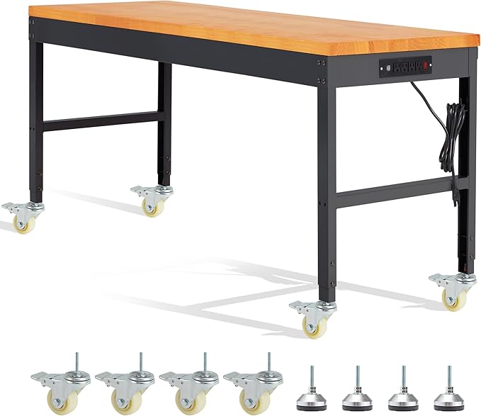 HABUTWAY Height Adjustable Workbench with Wheels 60" 2000 Lbs Capacity Solid Wood Work Station Heavy-Duty Rolling Work Tables for Garage Party Shop Office