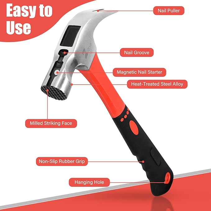 Upgrades 16oz & 8oz Claw Hammer Set with Magnetic Nail Holder, Non-Slip Grip, Dual Nail Grooves Ergonomic Handle for Precision & Safety
